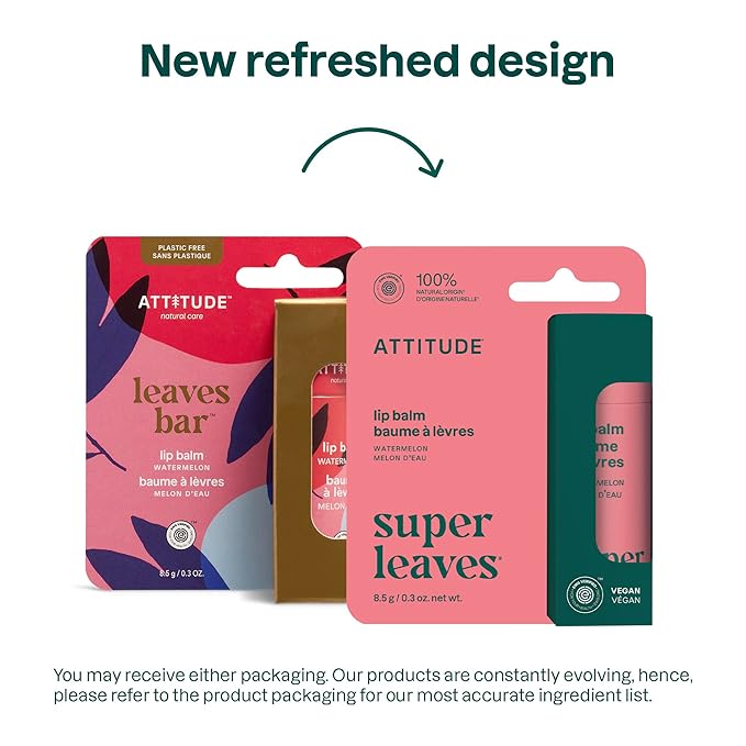 ATTITUDE Lip Balm, Natural Origin, Nourishes & Protects, Shea Butter, Coconut & Castor Oils, EWG Verified, For Dry Lips, Men and Women, Vegan, Watermelon, 0.3 Oz