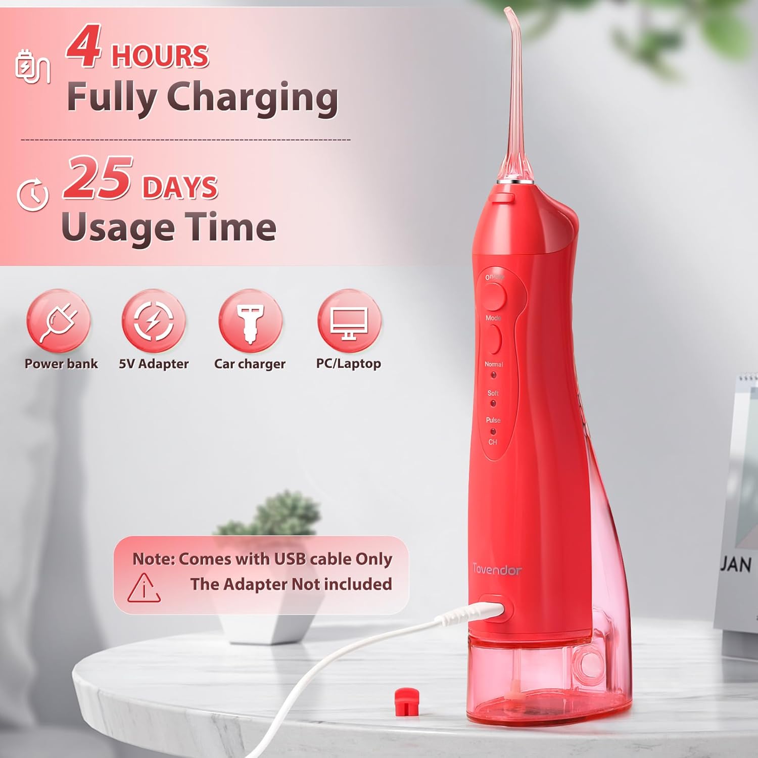 TOVENDOR Electric Water Flosser, Cordless Rechargeable Dental Oral Irrigator IPX7 Waterproof 300ML Travel Water Teeth Cleaner with 5 Tips for Braces Care Teeth Gums Cleaning, Home Office Daily Use