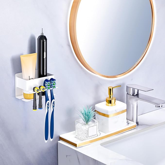 Toothbrush Head Holders, Electric Tooth Brush Head Holder, Adhesive Toothpaste Holder for Shower Bathrooms, Wall Mounted Tooth Brushing Holder Organizer Storage (White, Small)