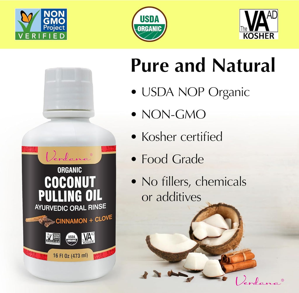 Verdana Organic Oil Pulling Mouthwash – 16 oz Cinnamon & Clove – USDA Organic Coconut Oil Rinse for Teeth & Gums – Alcohol-Free, Fluoride-Free Natural Mouthwash for Fresh Breath & Gum Health