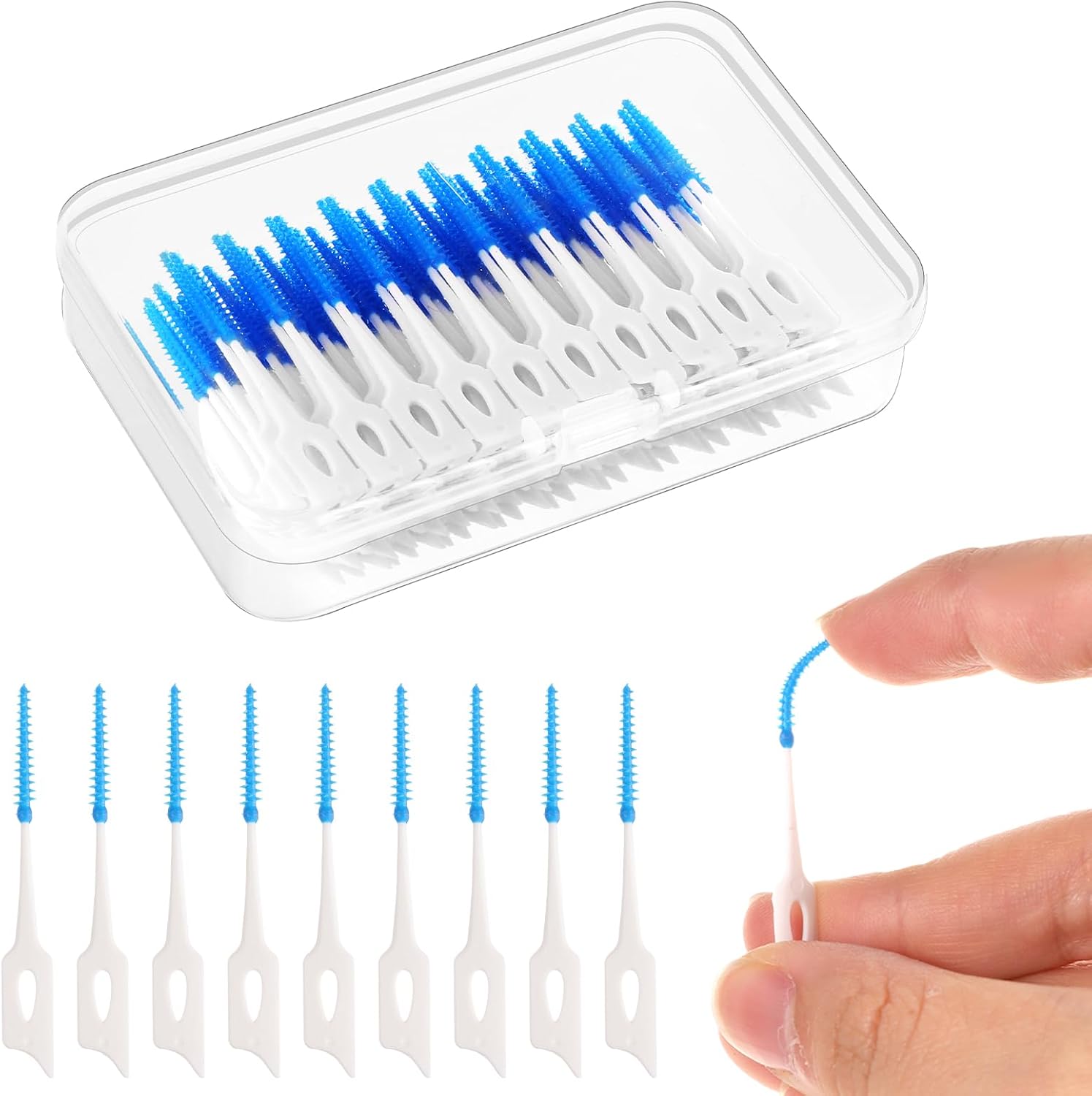 100 Pieces Interdental Brushes, Silicone Dental Floss Picks with Case Dental Brushes Dental Picks Blue Tooth Floss Picks for Teeth Cleaning