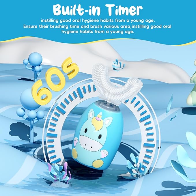 Kids U Shaped Electric Toothbrush 4 Brush Heads, Automatic Sonic Toothbrush Kids 2 Modes, Cartoon Design 360-Degree Cleaning IPX7 Waterproof