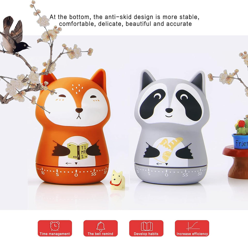 2 Pack Cute Kitchen Timer,100% Mechanical Timer for Kids,60 Minute Egg Timer for Cooking/Reading/Do Sports. (Fox and Raccoon)