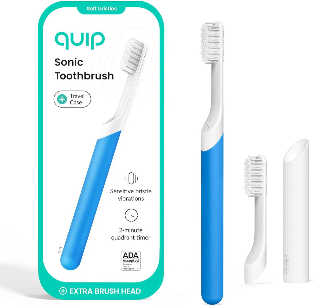 Quip Sonic Electric Toothbrush for Adults - Time Travel & Soft Bristles with Travel Case & Replacement Brush Head - 3 Month Battery Life, Plastic Handle - Blue