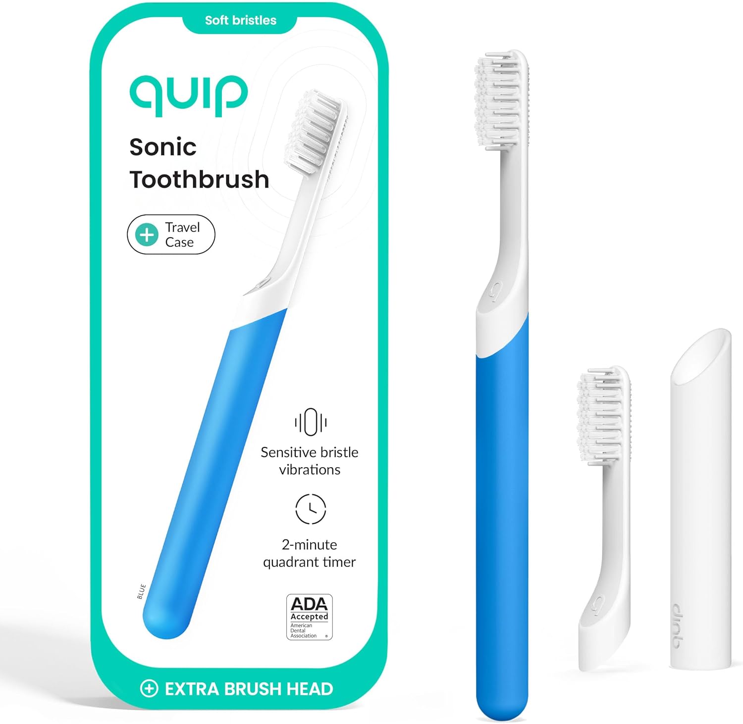 Quip Sonic Electric Toothbrush for Adults - Time Travel & Soft Bristles with Travel Case & Replacement Brush Head - 3 Month Battery Life, Plastic Handle - Blue