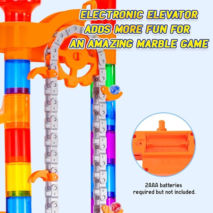 247Pcs Marble Run with Motorized Elevator, Construction Building Blocks Toys with 30 Glass Marbles and 30 Glow in The Dark Marbles, STEM Gifts for Boys and Girls