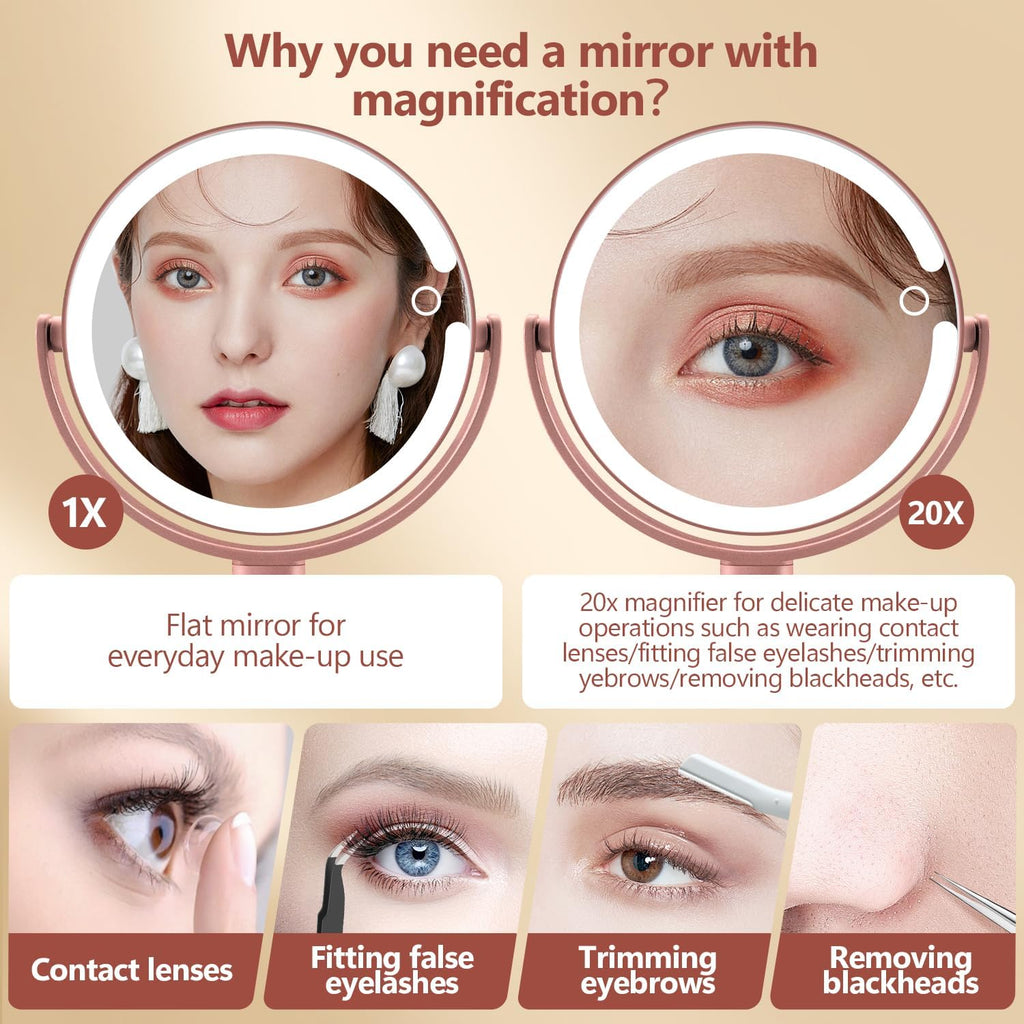 MIYADIVA Makeup Mirror with Lights,20X Magnifying Mirror with Light and Touch Switch, 2-Sided Vanity Mirror with 3 Colors and 80 LEDs, Metallic Rose Gold