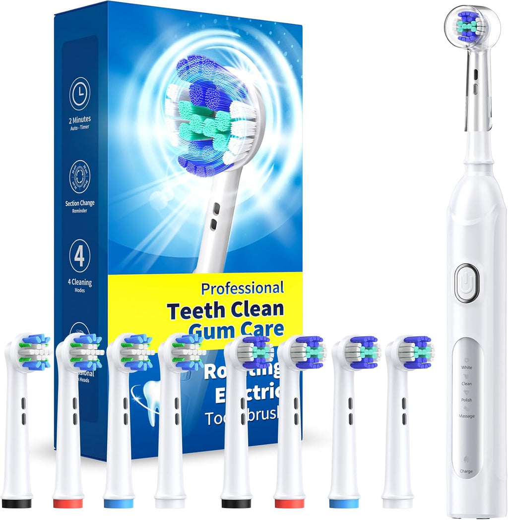 TEETHEORY Rotating Electric Toothbrush for Adults with 8 Brush Heads (2 Types), 4 Modes Deep Clean Electric Toothbrush with Rechargeable Power and 2 Min Smart Timer (3-Clean White, p1)