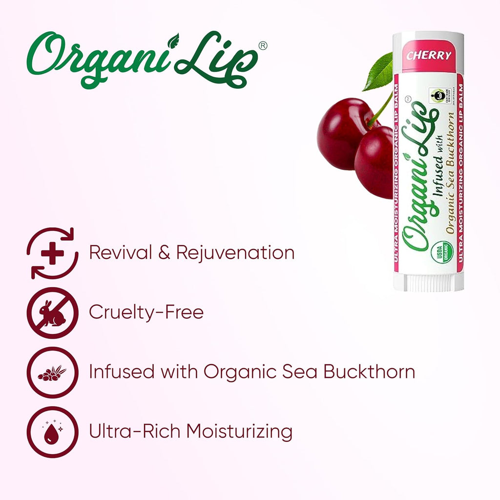 OrganiLip USDA Certified Organic Lip Balm for Nourishing Cracked or Dry Lips - All-Day Ultra Moisturizing Lip Care in Oval Shaped Tubes - 3-Pack (Cherry)