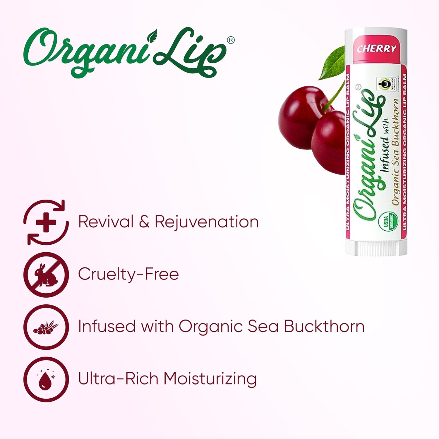 OrganiLip USDA Certified Organic Lip Balm for Nourishing Cracked or Dry Lips - All-Day Ultra Moisturizing Lip Care in Oval Shaped Tubes - 3-Pack (Cherry)