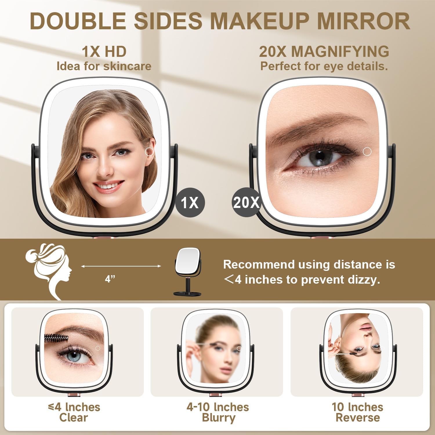 Mocado Makeup Mirror with Lights, 1X/20X Magnifying Mirror with Light, Vanity Mirror with 3 Colors Lights, Height Adjustable Lighted Makeup Mirror, Double Sided 360°Rotation, Memory Function (Black)