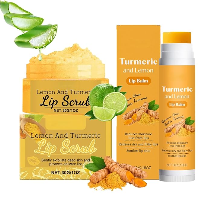 Natural Turmeric Scrub & Lip Balm for Dark Lips Set, Exfoliator to Nourish Lip, for Dry, Chapped, Dull, Dark Lips, Reduce Fine Lines