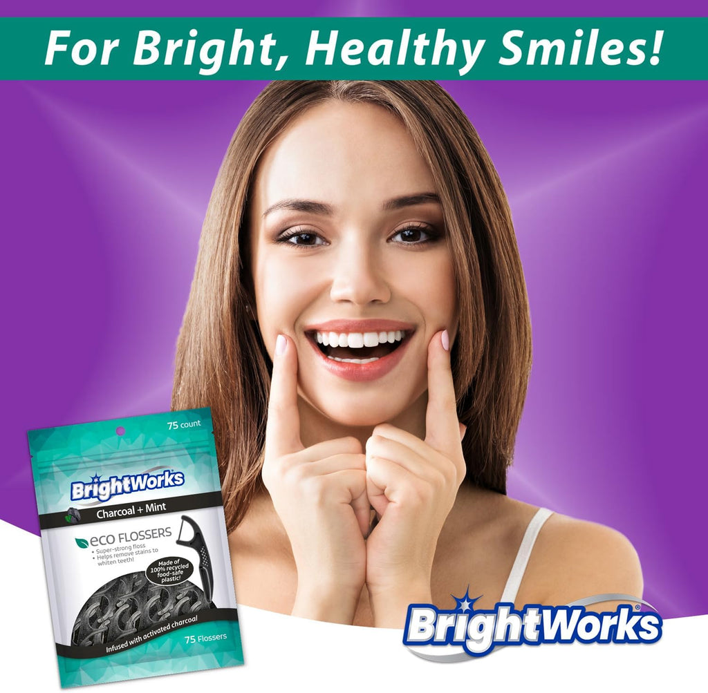 Brightworks ECO Sustainable Floss Picks - 225 Count - PFAS Free - Made in USA Charcoal + Mint Infused 100% Post-Consumer Recycled Plastic with Micro-Crystals for Oral Care Hygiene Gum Health
