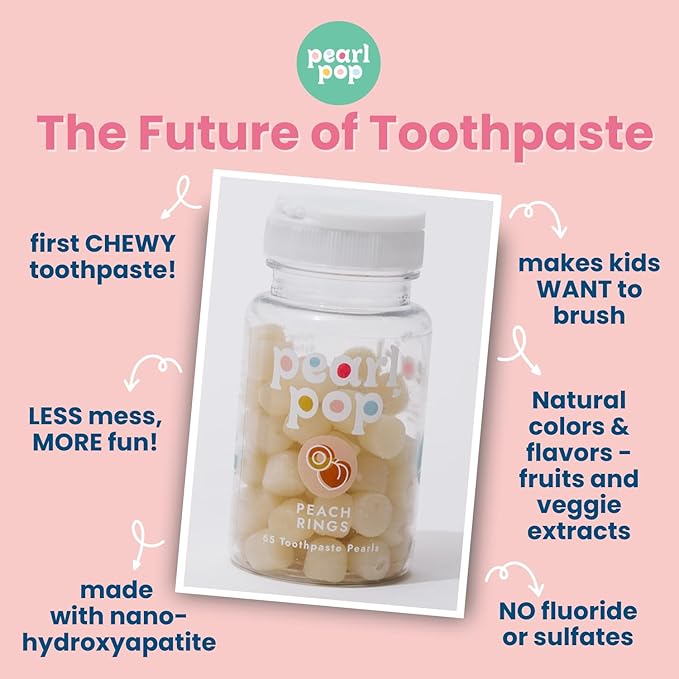Toothpaste Pearls, Chewy Fluoride Free Toothpaste for Kids, Stocking Stuffer, Made with Nano Hydroxyapatite & Xylitol, Foam Free, Mess-Free Travel Tooth Paste, Peach Rings, 65ct