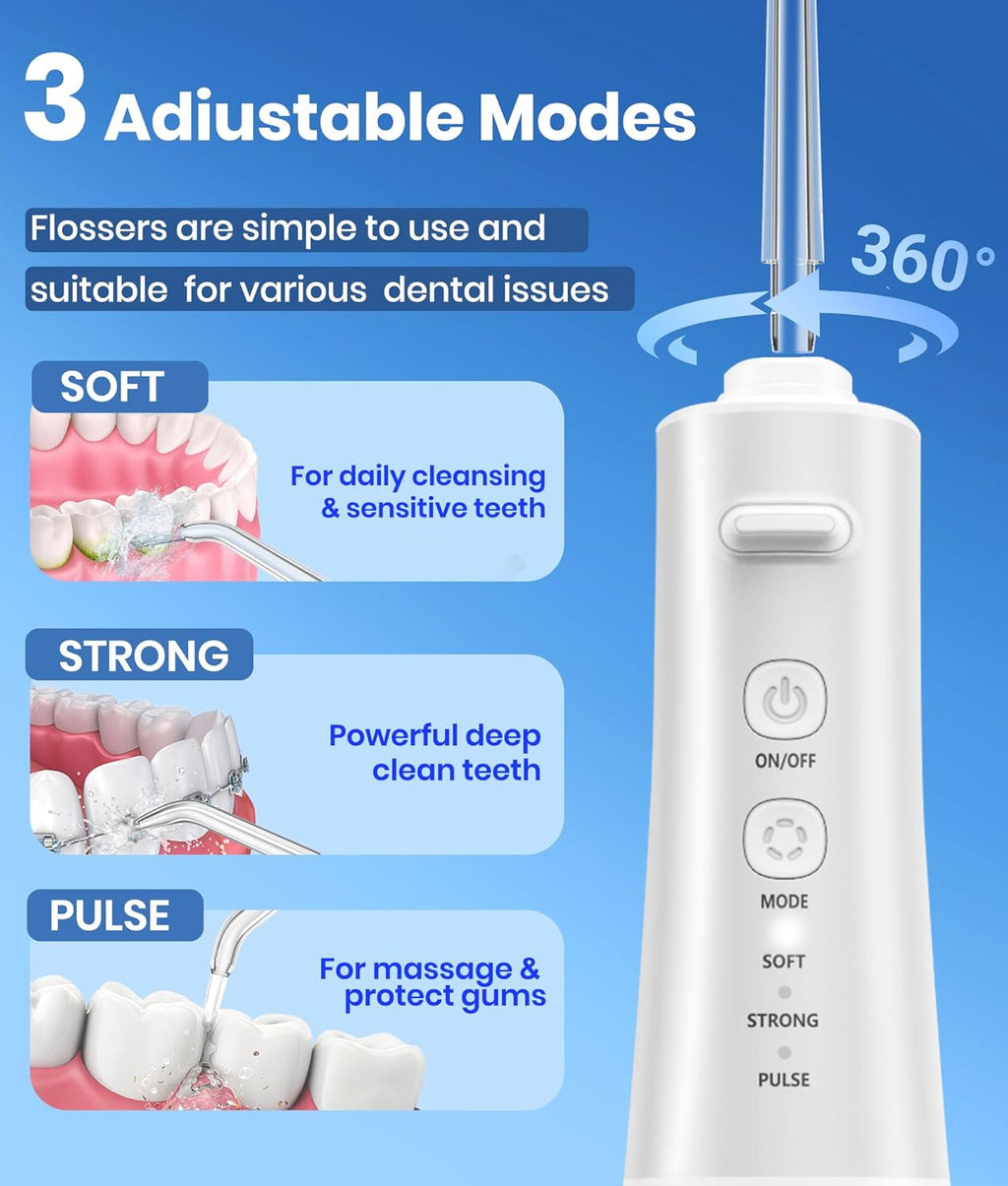 Water Flosser, 300ML Portable Cordless Water Dental Flossers for Teeth Deep Cleaning, IPX7 Waterproof Rechargeable Electric Oral Irrigator Teeth Pick for Travel Home Use and Braces Care (White)