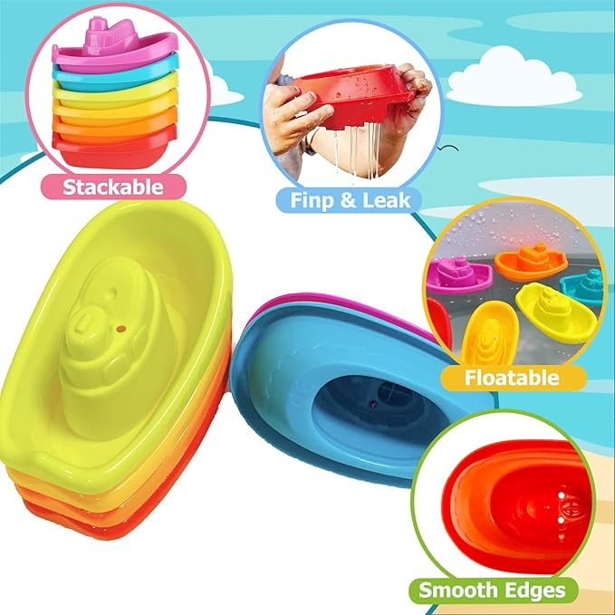 17 PCS Baby Bath Toys for Kids Ages 1-3, Mold Free No Hole Bathtub Toys with Floating Boats, Bath Spoons & Shark Net, Water Table Toys for Pool, Beach, Shower, Bath Toys for 2 3 4 Year Old Boys Girls