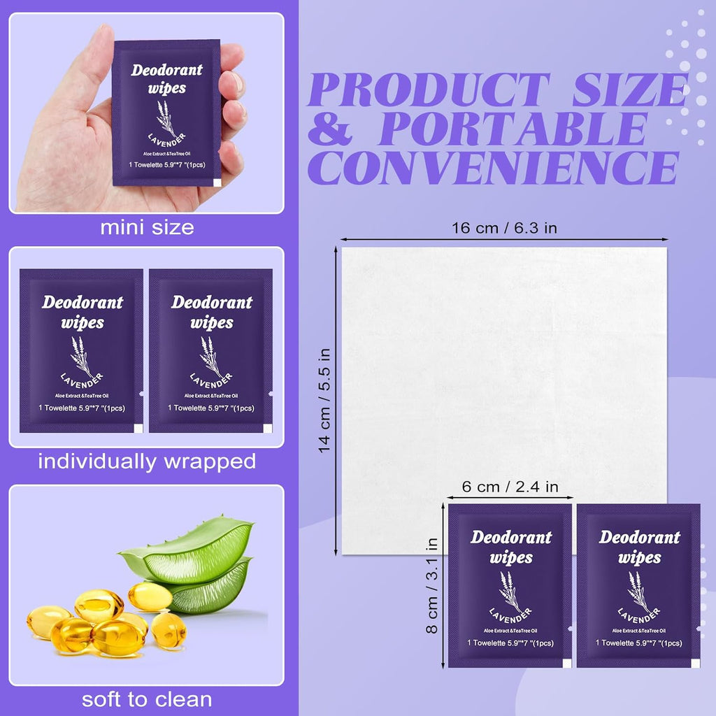 Travel Deodorant Wipes Individually Wrapped,Body Wipes to Clean Skin for Women Men（Lavender,pack of 50)