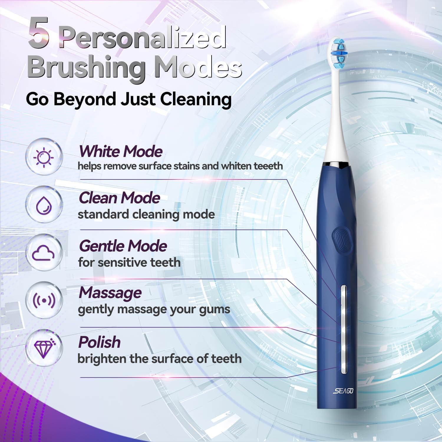 SEAGO Electric Toothbrush with 8 Soft Bristle Heads for Adults, Pressure Sensor, 5 Modes with 2 Minutes Build in Smart Timer, Rechargeable Travel Toothbrush with Brush Hold and Travel Case(2752Blue)