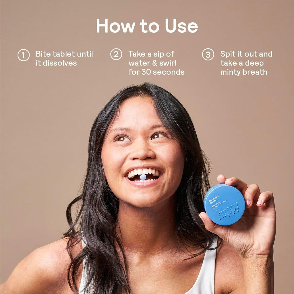 HUPPY Mouthwash Tablets with Nano Hydroxyapatite - Refreshes Breath and Remineralizes Teeth - Hydroxyapatite Tabs Perfect for Travel - Nanohydroxyapatite Mouthwash, 124ct, Cool Mint Flavor