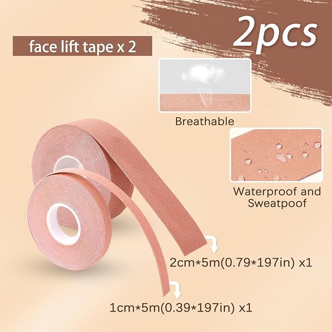 2 Rolls Instant Face Lift Tape, Facial Myofascial Patch for Wrinkles Treatment Sticker for V Line Lifting Sagging Skin, Forehead Fines, Eyelid, Nasolabial Folds, Laugh Neck Lines (1cm/2cm*5m