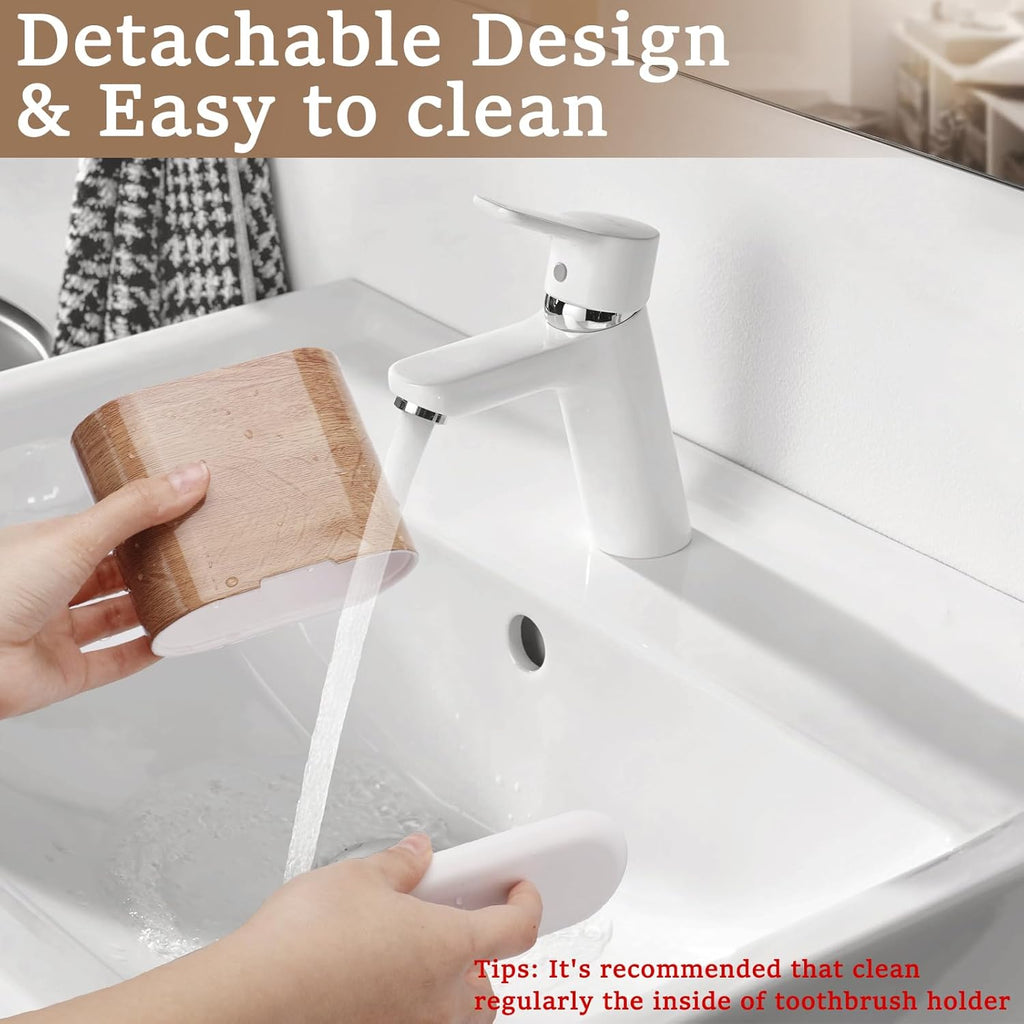 Toothbrush and Toothpaste Holder with Divider for Bathroom Countertop Organizer, 2 Slots Electric Toothbrush Holders Storage Caddy Drainage for Family, Kids(Wood Grain)