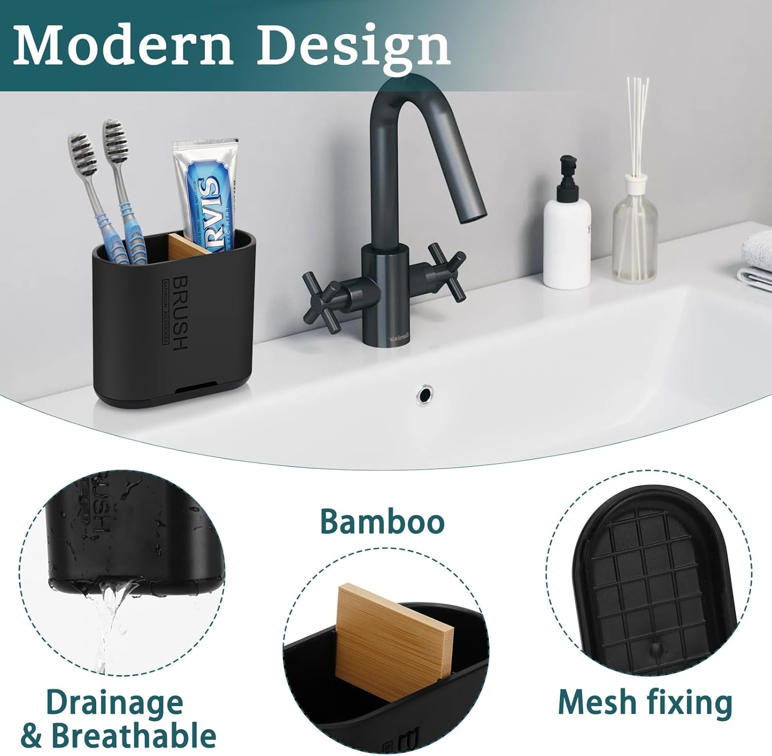 Toothbrush and Toothpaste Holder with Bamboo Divider for Bathroom Countertop Organizer, Detachable for Easy Clean, 2 Slots Electric Toothbrush Holders Storage Caddy Drainage for Family-Black