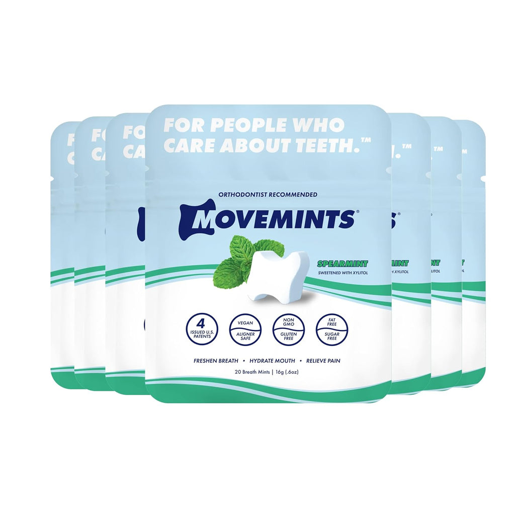 Movemints Clear Aligner Mints - Patented, Edible Alternative to Chewies - Freshen Breath and Improve Dry Mouth with Xylitol - Spearmint (7 Pack)