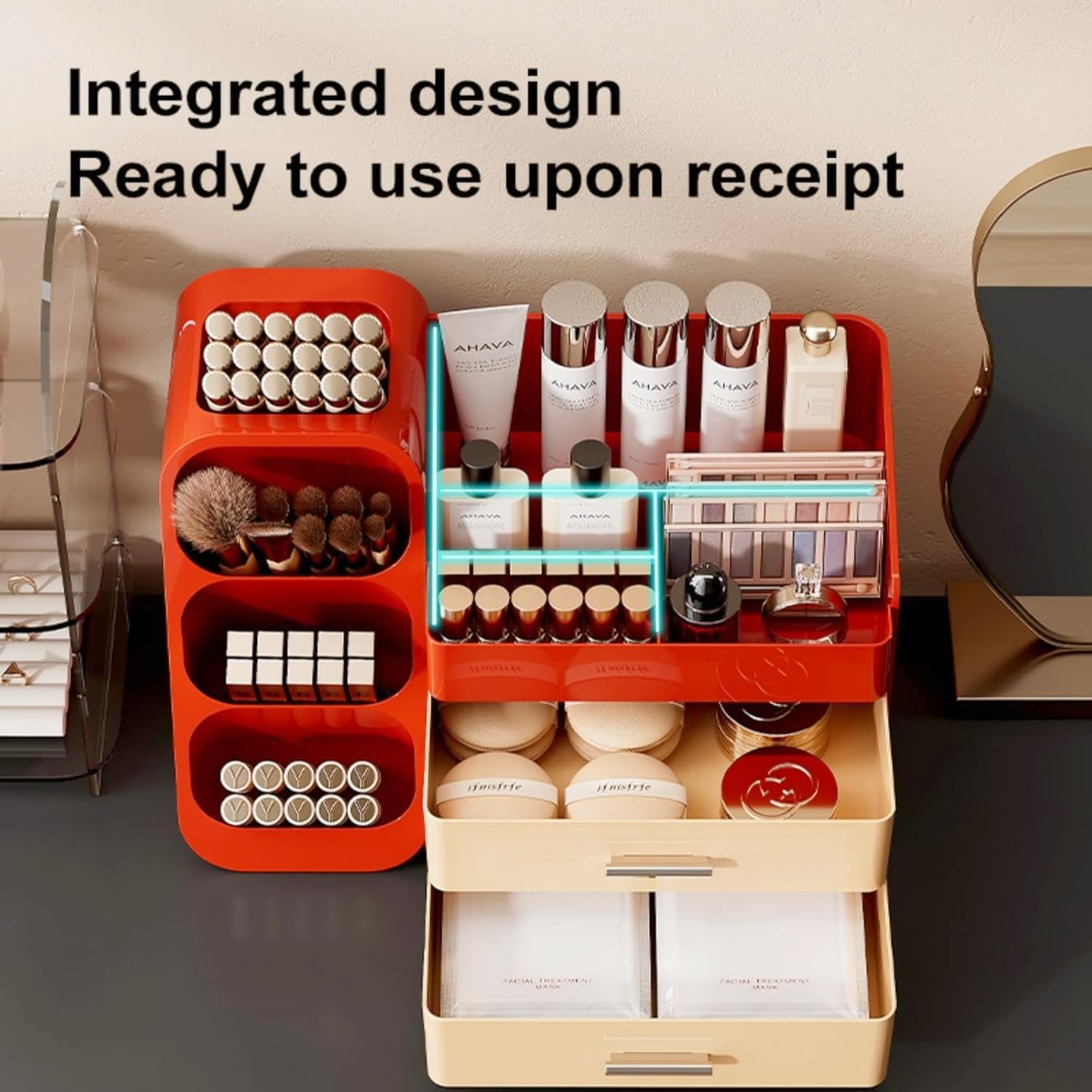 Makeup Organizer with Drawers,Large Capacity Countertop Organizer for Vanity,Bathroom and Bedroom Desk Cosmetics Organizer,Easy To Storage Skincare,Brushes,Lotions,Lipstick (Red and Cream)