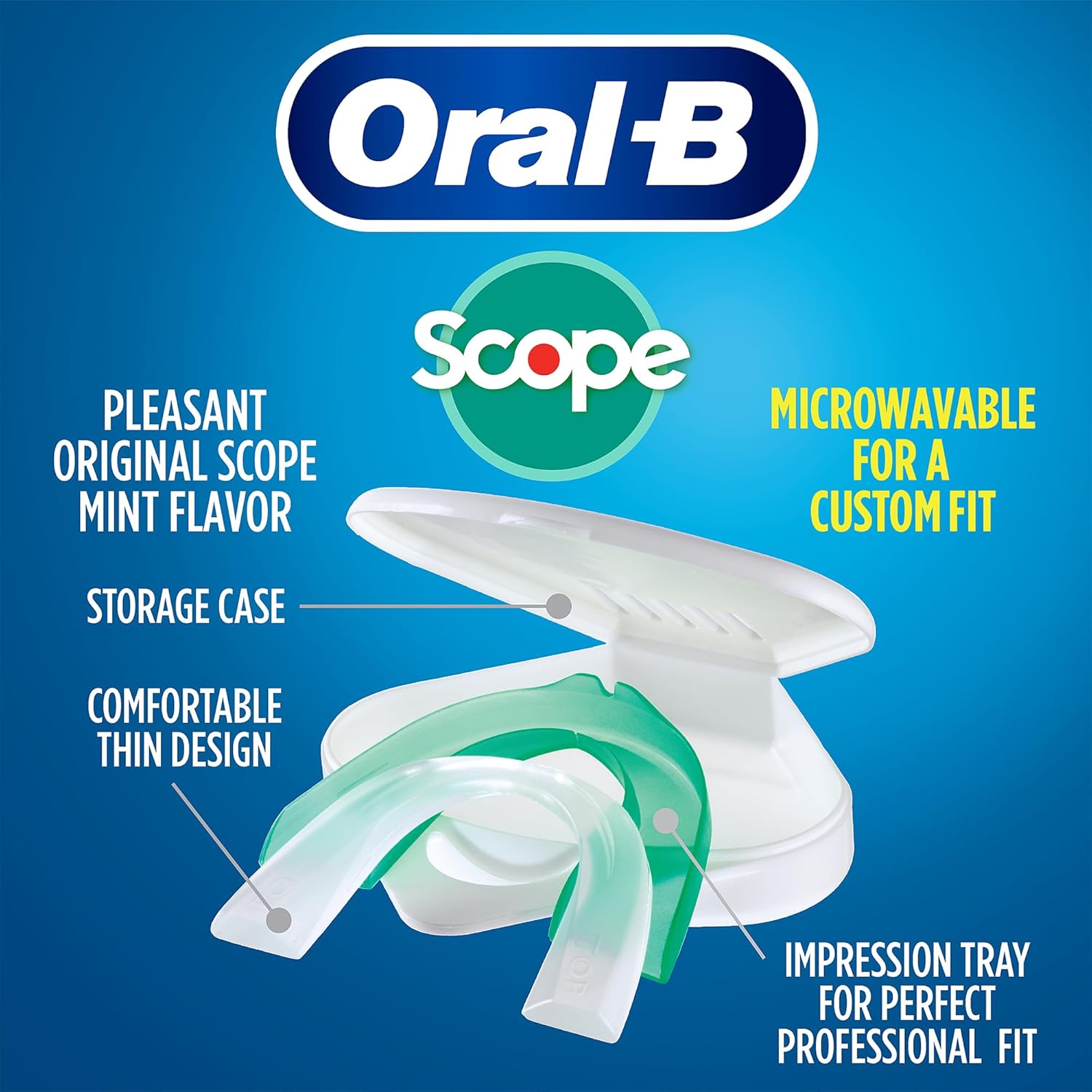 Oral-B Mouth Guard for Grinding Teeth at Night - Nighttime Dental Guard for Sleeping – Moldable Night Guard with Scope Mint Flavor – Less Than 3-Minutes for Custom Teeth Protection - 2 Pack
