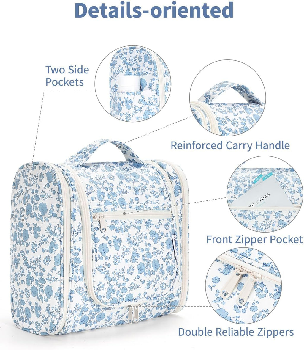 Narwey Hanging Toiletry Bag for Women Travel Makeup Bag Organizer Toiletries Bag for Cosmetics Essentials Accessories (Large, Little Blue Flower)