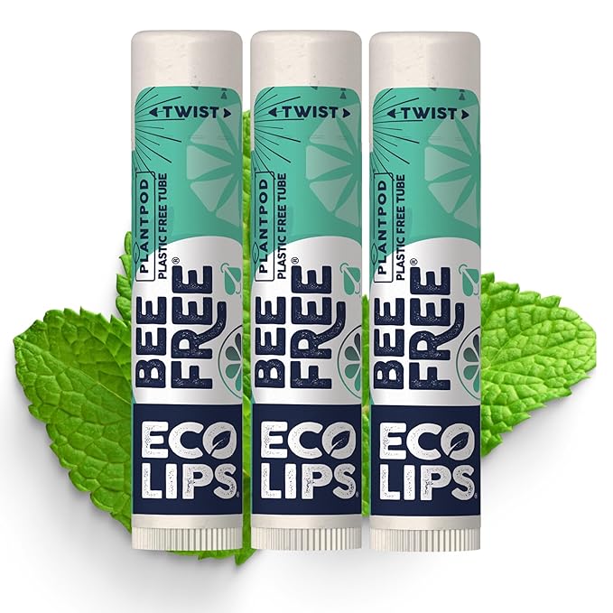 Vegan Lip Balm Sweet Mint by Eco Lips flavor 3 Pack Natural Bee Free with Candelilla Wax, Organic Cocoa Butter, & Coconut Oil Lip Care. 100% Plastic-Free Plant Pod Packaging - Made in USA