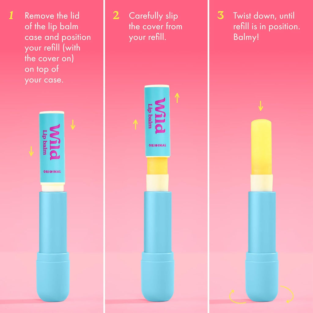 Wild Refillable Lip Balm Starter Kit - Includes Blue Aluminum Case & 3 Pack Lip Balm Refills in a Variety of Scents - Includes Coconut & Vanilla, Passionfruit Swirl & Watermelon Flavors