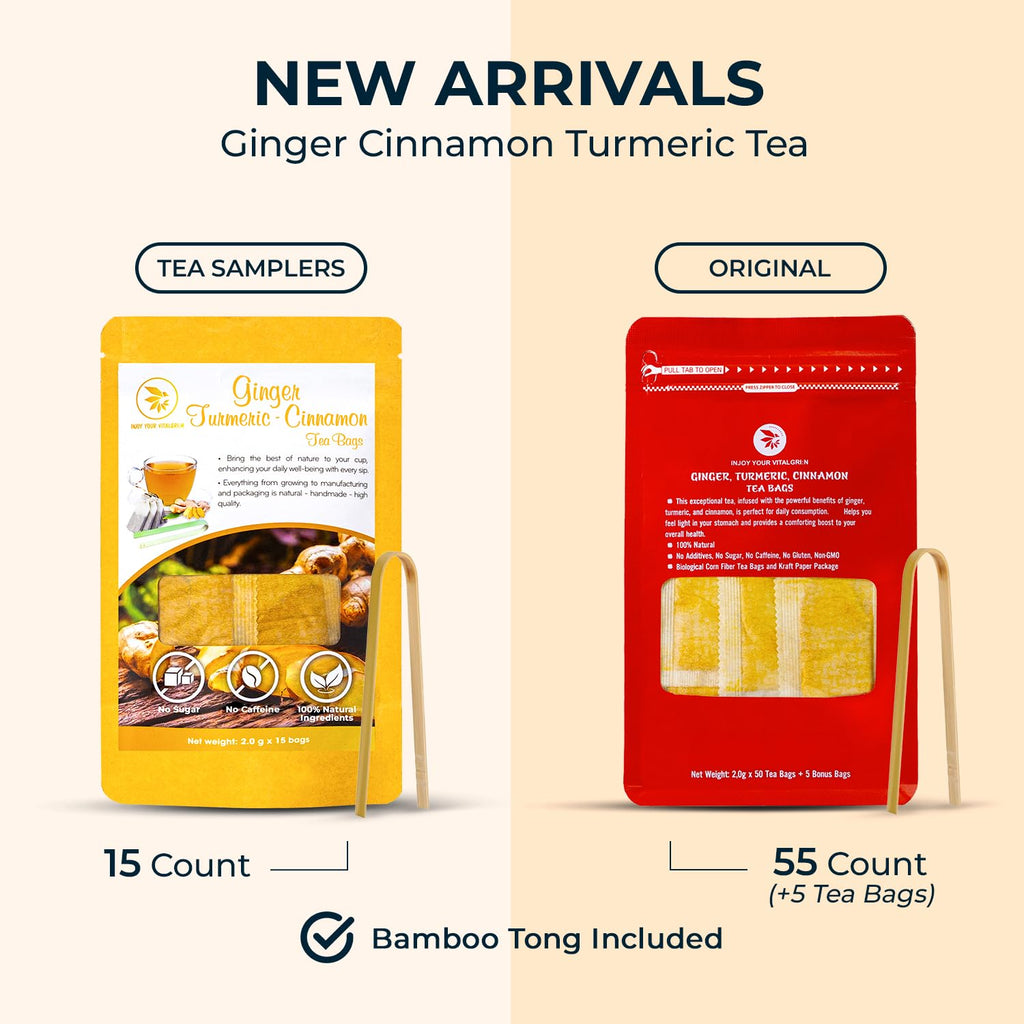 Ginger Cinnamon Turmric Tea Bags with Bamboo Tong - 55 Count (+5 Count), 5.47 oz, Re-Steep Corn Based Bag, Natural Herbal Tea for Body Warm, Liver Support