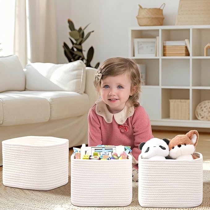 3 Pack Cube Storage Bin, 9”x9”x7” Cotton Rope Woven Baskets for Organizing Toys Clothes Towels, Square Gift Storage Baskets for Shelf, Nursery, Closet, Bathroom, Pantry (White)