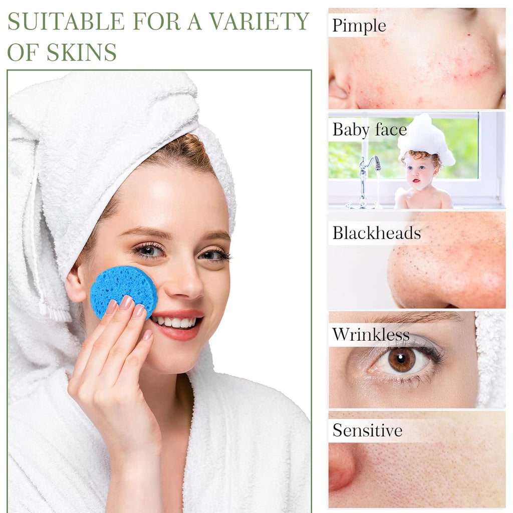 Sieral 120pcs Compressed Facial Sponges Disposable Natural Face Sponges Round Soft Pads with Container for Washing Face Cleansing Exfoliating Esthetician Makeup Removal Travel(Multicolor)