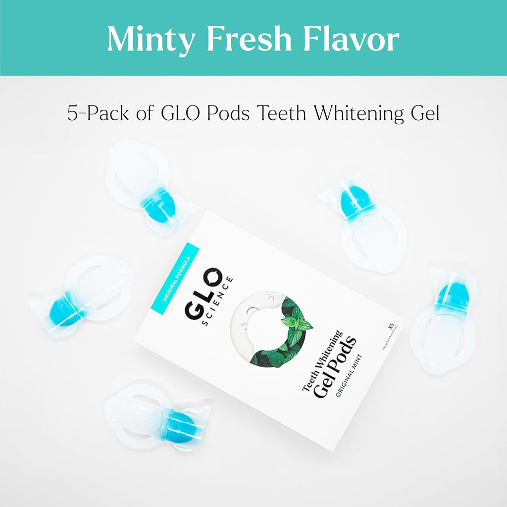 GLO Science Teeth Whitening Gel Pods – Safe, Effective Whitener with Silicon Brush, 6% Hydrogen Peroxide – Fastest Way to Whiter Teeth, Sensitivity Free – Mint Flavor (Pack of 5)