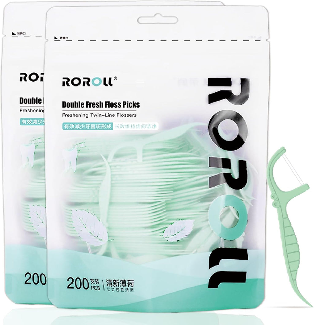 Mint Twin Line Dental Floss Picks - 400 Count (2 Packs of 200) | Minty Fresh Floss Sticks for Adults | Unique Seahorse Design | Individually Wrapped for Hygiene & Convenience