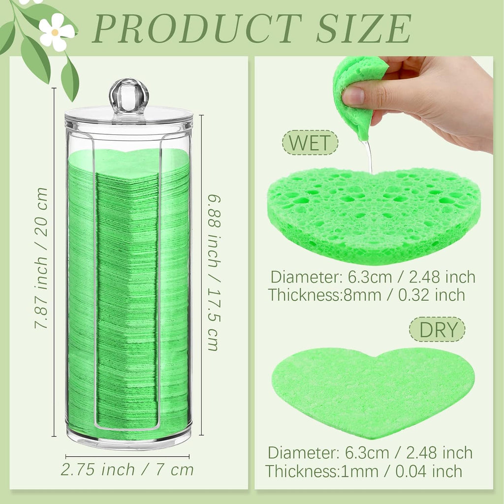 Sieral 120 Pcs Compressed Facial Sponges with Container Disposable Face Sponge Pads for Washing Face Cleansing Exfoliating Esthetician Makeup Removal(Heart,Green)