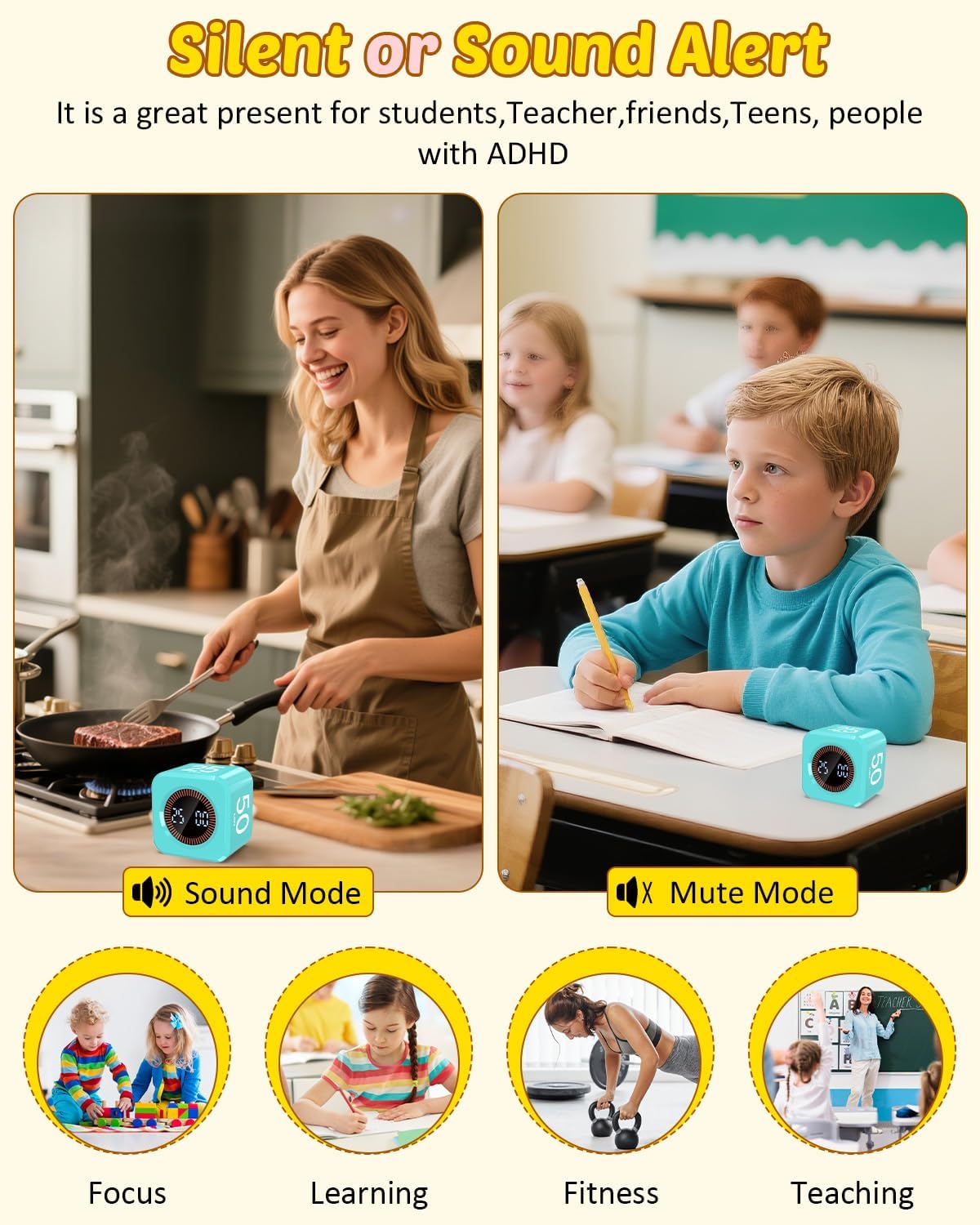 Pomodoro Timer Cube Visual Productivity Flip Timer for Kids Classroom Desk, 5/10/25/50min&Custom Countdown, Silent&Sound Mode Digital Cube for ADHD Study Work School Game Kitchen (Mint Green)