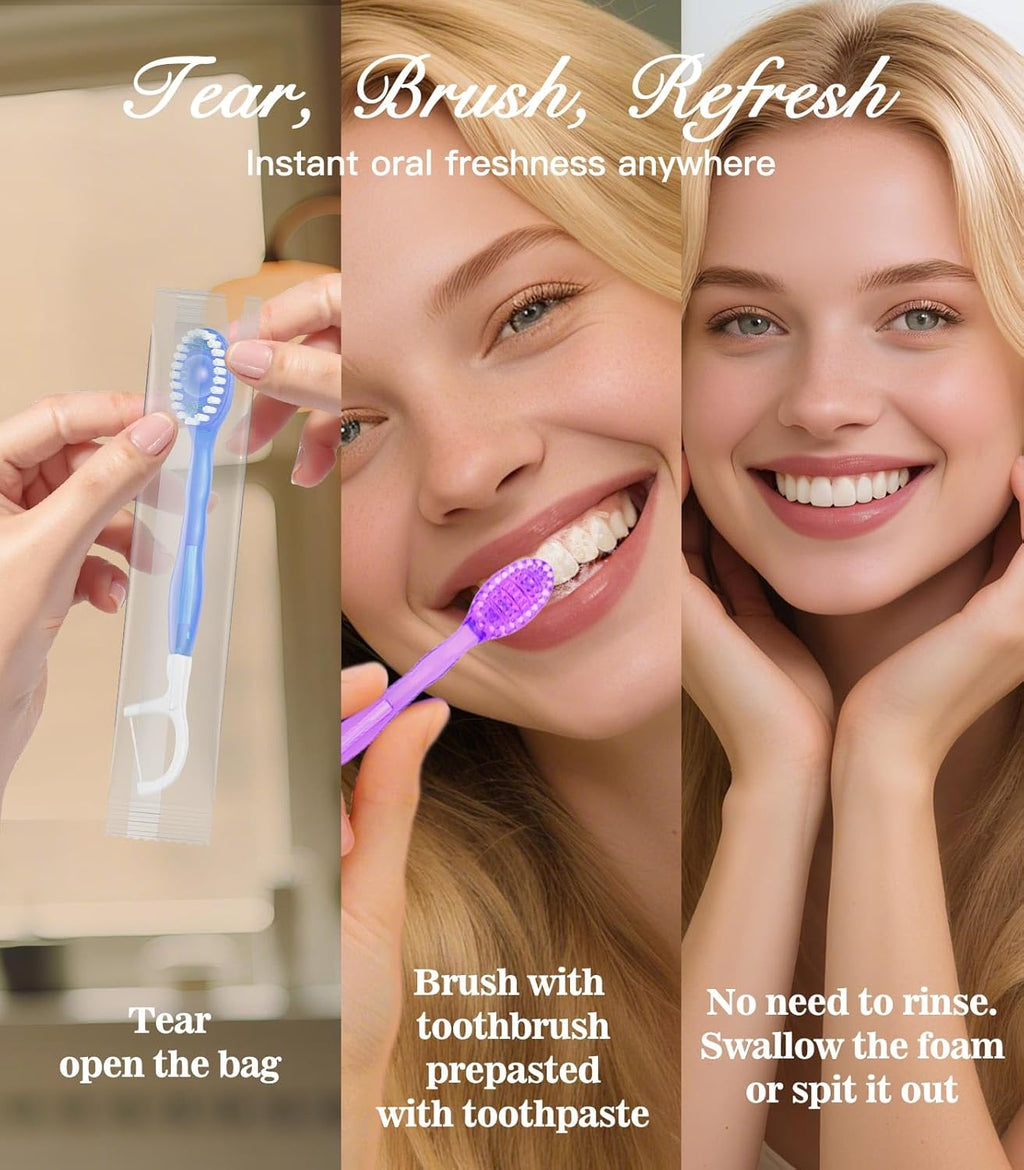 12 Pack 5 in 1 Disposable Mini Toothbrushes with Toothpaste, Floss, Pick & Tongue Scraper, Individually Wrapped, Portable Toothbrush Travel Set for Kids Adults, Mixed Flavor