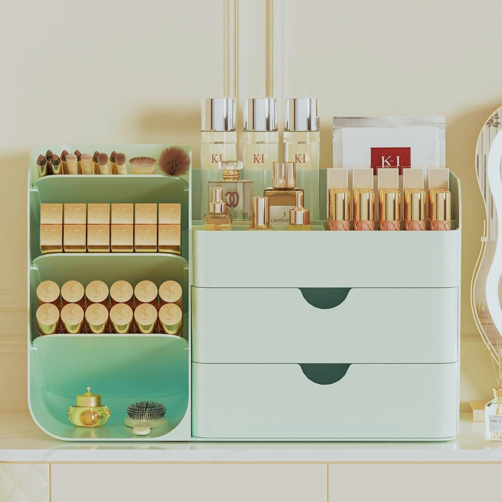 Makeup Organizer with Drawers,Large Capacity Countertop Organizer for Vanity,Bathroom and Bedroom Desk Cosmetics Organizer,Easy To Storage Skincare,Brushes, Eyeshadow,Lipstick (All Green, Large)