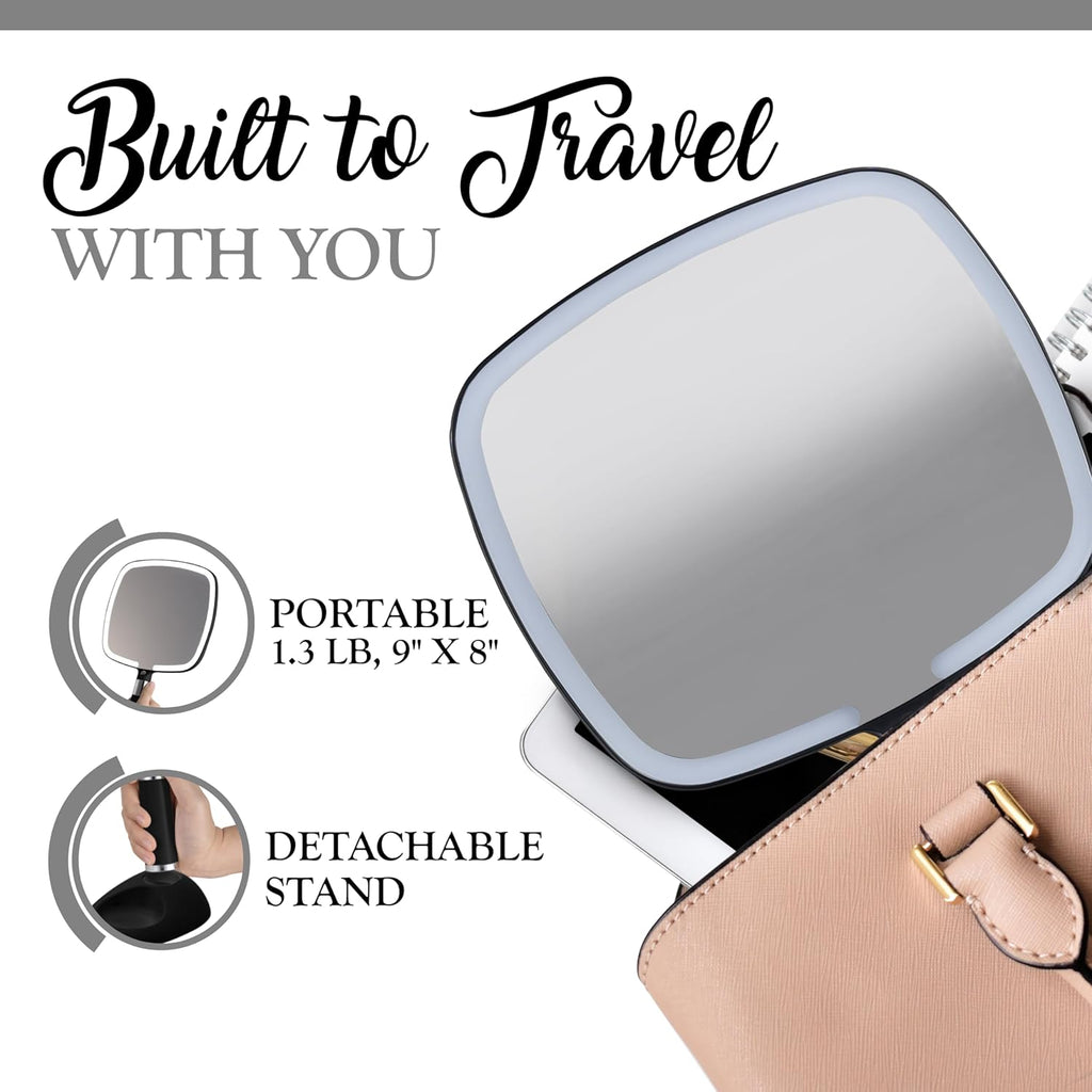 MIRRORVANA Lighted Travel Makeup Mirror - 2 in 1 Handheld & Tabletop LED Mirror with 3 Light Modes, Detachable Stand, and Comfy Handle - 9" x 13" (Black)