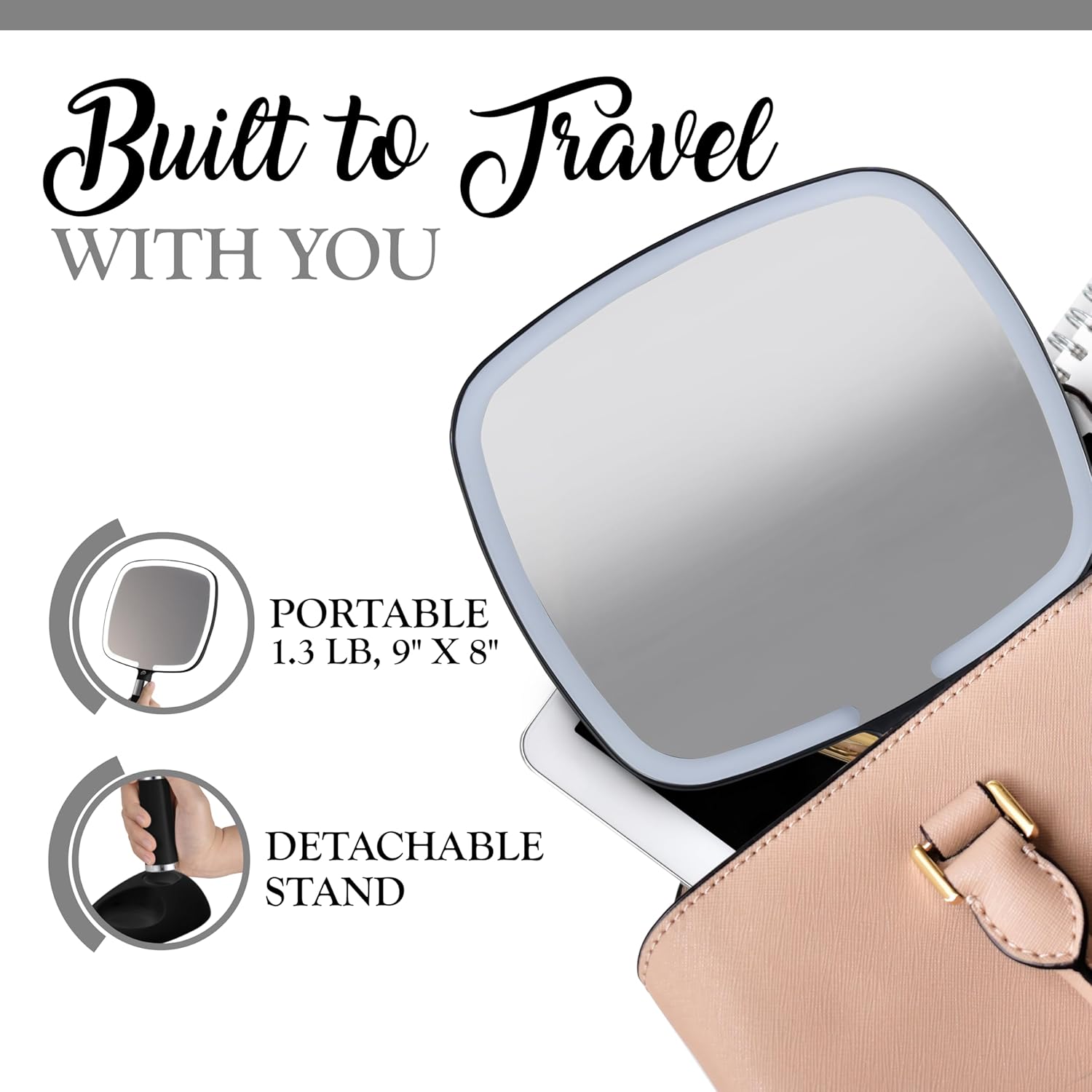 MIRRORVANA Lighted Travel Makeup Mirror - 2 in 1 Handheld & Tabletop LED Mirror with 3 Light Modes, Detachable Stand, and Comfy Handle - 9" x 13" (Black)