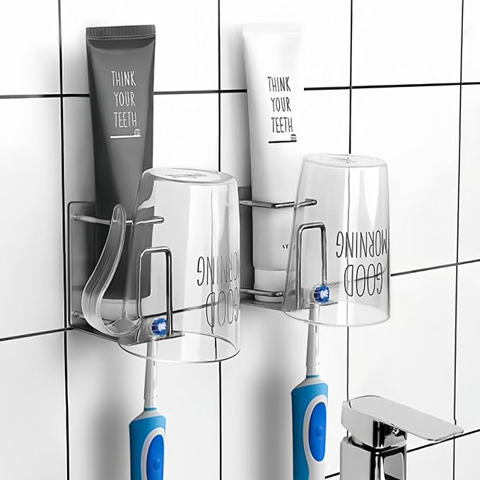 Stainless Steel Adhesive Wall Mounted Toothbrush Holder, 3 in 1 Organizer for Toothbrush, Toothpaste, and Cup (Silver (1 Pack))