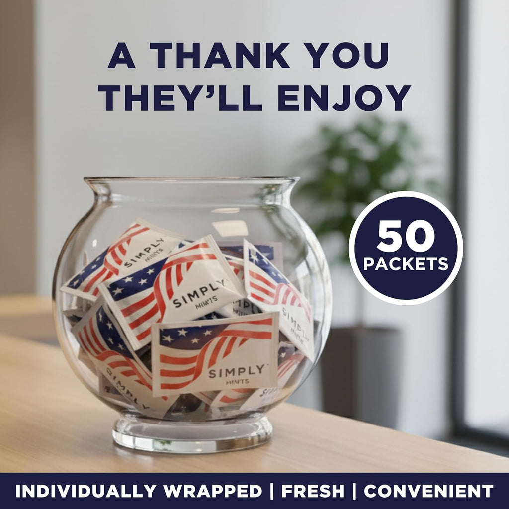 SIMPLY Peppermint US FLAG Individually Wrapped Breath Mints in Bulk, 50 Packets (2 per Packet), | Perfect for Office, School, Travel, Party Favors, Restaurants & Hospitality, Fourth of July