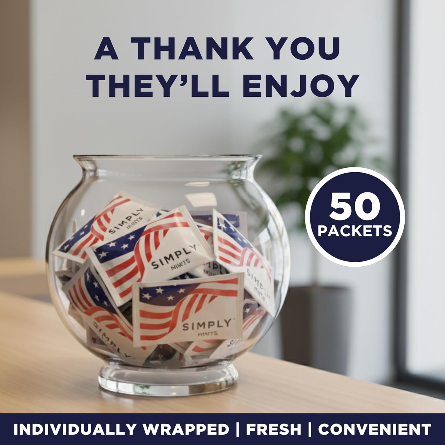 SIMPLY Peppermint US FLAG Individually Wrapped Breath Mints in Bulk, 50 Packets (2 per Packet), | Perfect for Office, School, Travel, Party Favors, Restaurants & Hospitality, Fourth of July