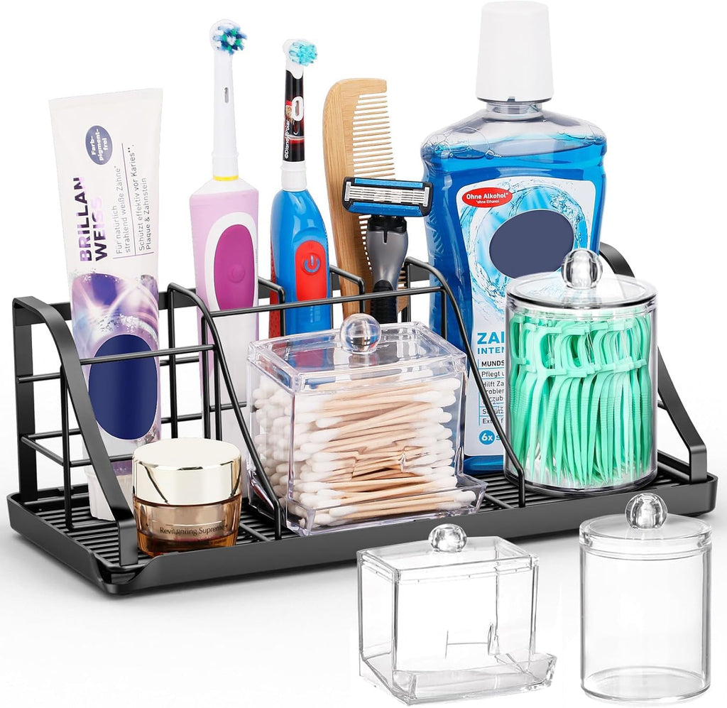 Toothbrush Holders Set with 2 Pack Qtip Holder Dispenser, Kids Electric Toothbrush and Toothpaste Holder, 7 Slots Tooth Brushing Holder for Bathroom Sink Countertop Organizer and Storage Accessories