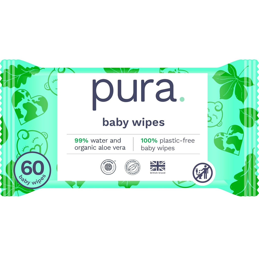 Pura Natural Sensitive Baby Wipes, 99% Water, Unscented & Hypoallergenic, Suitable for Sensitive & Eczema-prone Skin, Fragrance Free & Hypoallergenic, EWG Verified, 1 Pack of 60 Wet Wipes