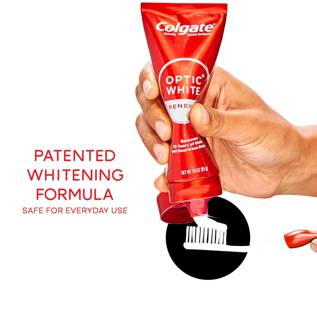 Colgate Optic White Renewal Teeth Whitening Toothpaste, Whitening Fluoride Toothpaste, Effectively Removes Tea, Coffee, and Wine Stains, Made with Hydrogen Peroxide, Brilliant Shine, 3.0 oz