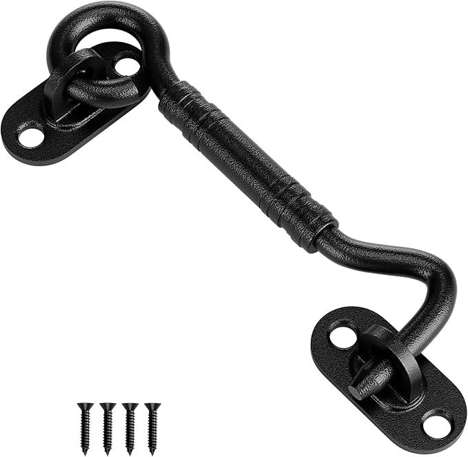 4'' Door Latch Door Lock Hardware, 4'' Stainless steels Hook and Eye Gate Latch Easy Lock for Barn Door, Black Sliding Door Lock with Screws for Window, Cabin Hooks